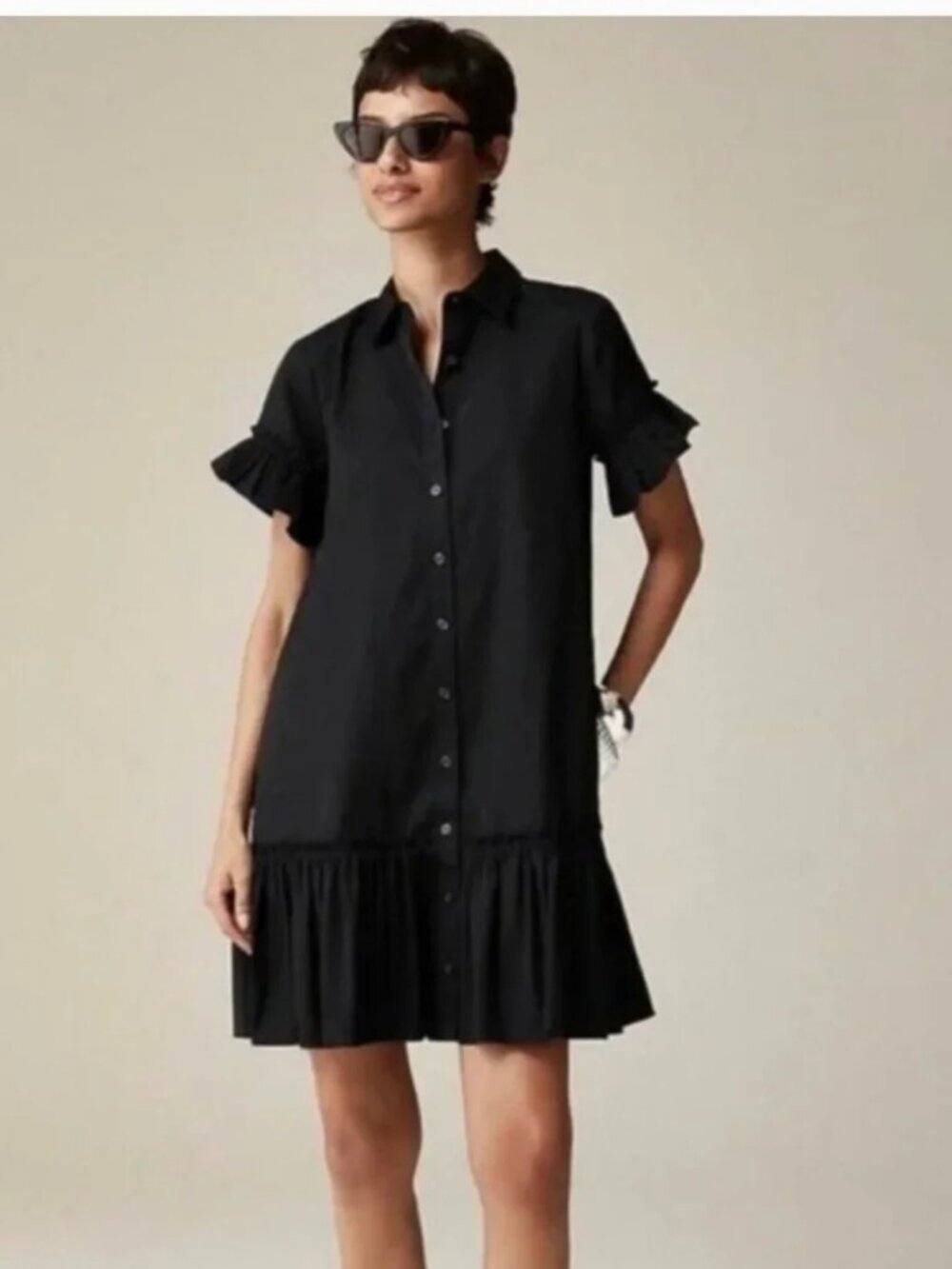 J.Crew Cotton Shirt Dress Black Ruffle Trim Button Front Midi Dress Medium